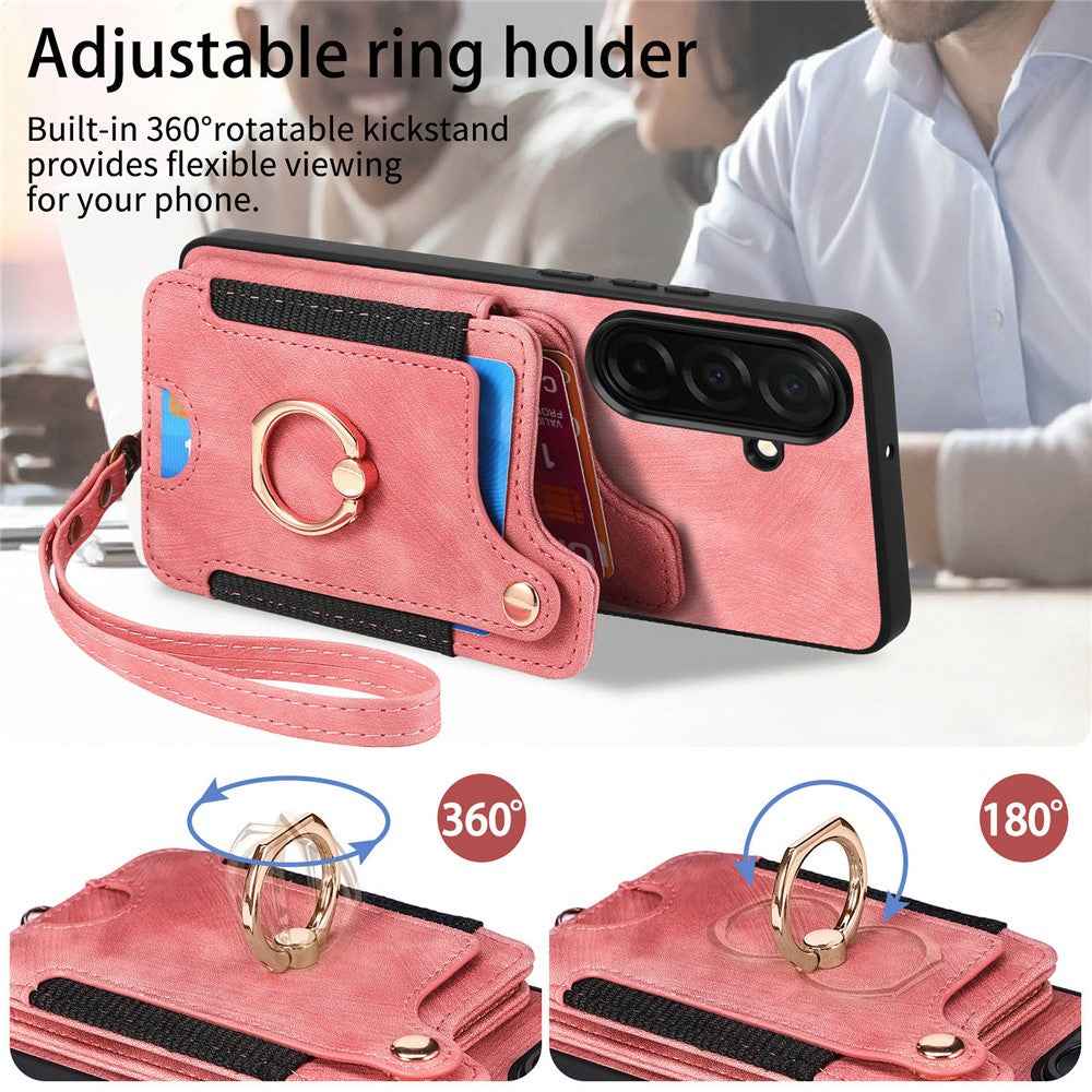 For Samsung Galaxy A57 5G Retro PU Leather Case Phone Cover with RFID Blocking Card Holder  /  Ring Holder - Pink