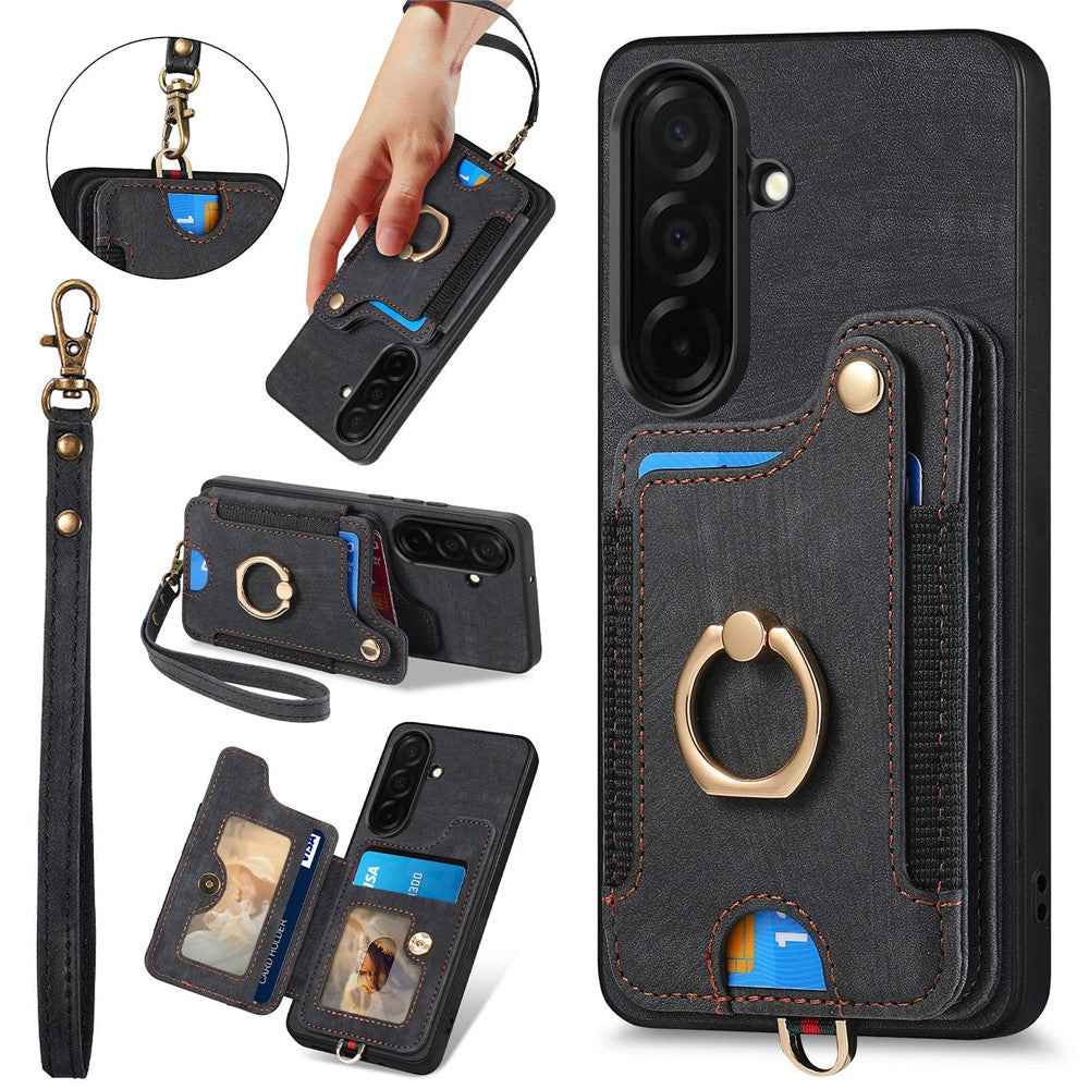For Samsung Galaxy A57 5G Retro PU Leather Case Phone Cover with RFID Blocking Card Holder  /  Ring Holder - Black