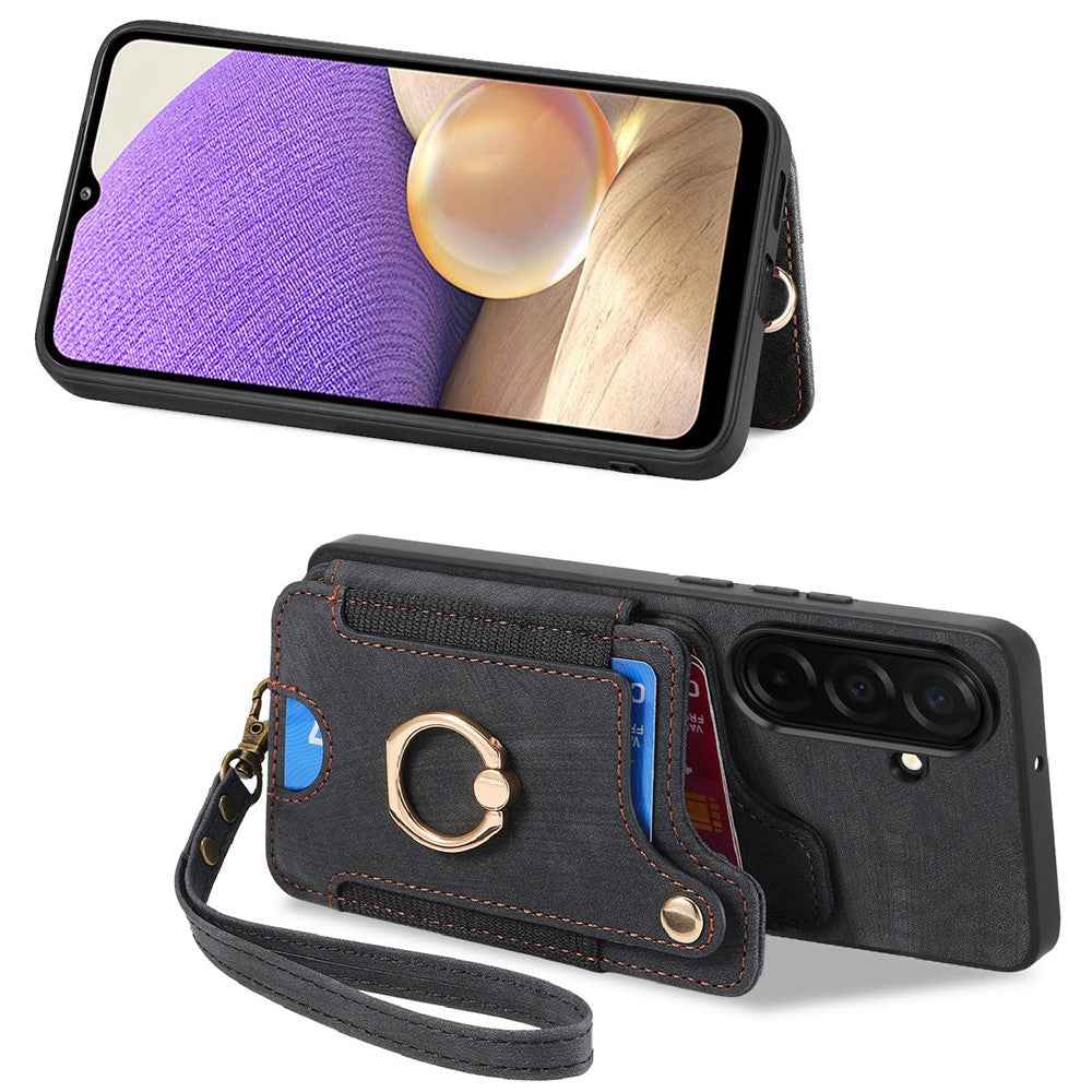 For Samsung Galaxy A57 5G Retro PU Leather Case Phone Cover with RFID Blocking Card Holder  /  Ring Holder - Black