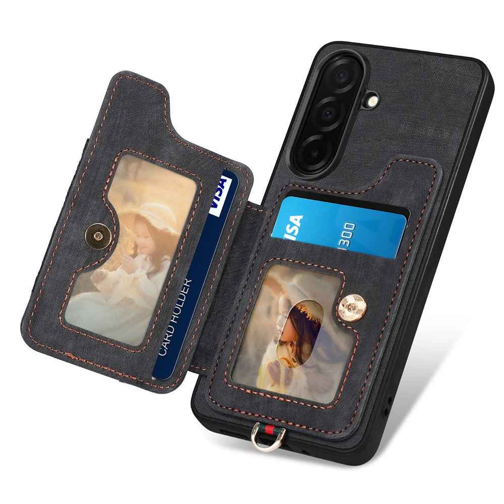For Samsung Galaxy A57 5G Retro PU Leather Case Phone Cover with RFID Blocking Card Holder  /  Ring Holder - Black