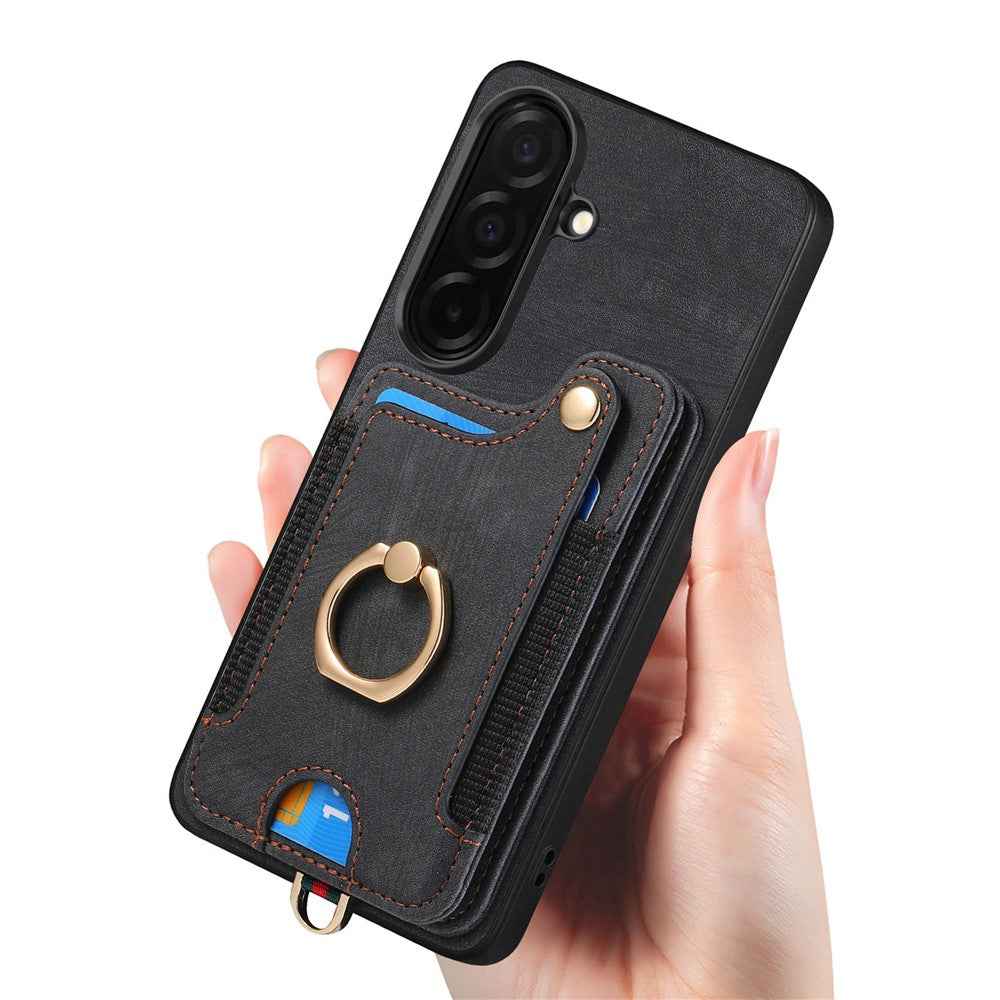 For Samsung Galaxy A57 5G Retro PU Leather Case Phone Cover with RFID Blocking Card Holder  /  Ring Holder - Black