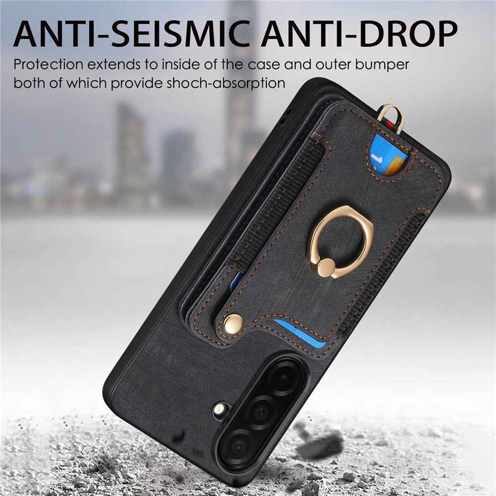 For Samsung Galaxy A57 5G Retro PU Leather Case Phone Cover with RFID Blocking Card Holder  /  Ring Holder - Black