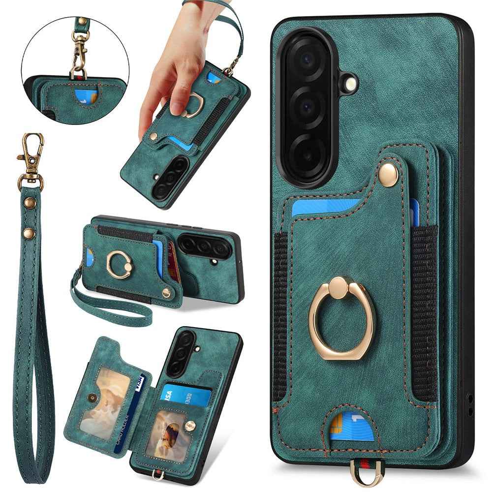 For Samsung Galaxy A57 5G Retro PU Leather Case Phone Cover with RFID Blocking Card Holder  /  Ring Holder - Green