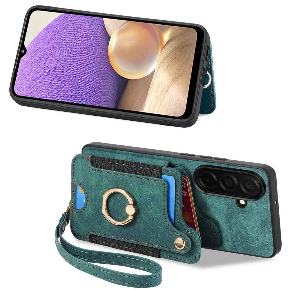 For Samsung Galaxy A57 5G Retro PU Leather Case Phone Cover with RFID Blocking Card Holder  /  Ring Holder - Green