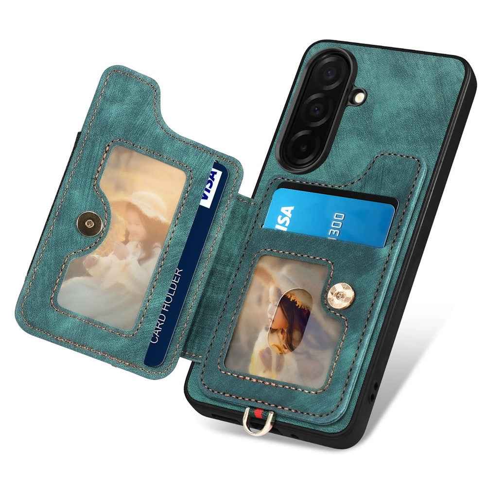 For Samsung Galaxy A57 5G Retro PU Leather Case Phone Cover with RFID Blocking Card Holder  /  Ring Holder - Green