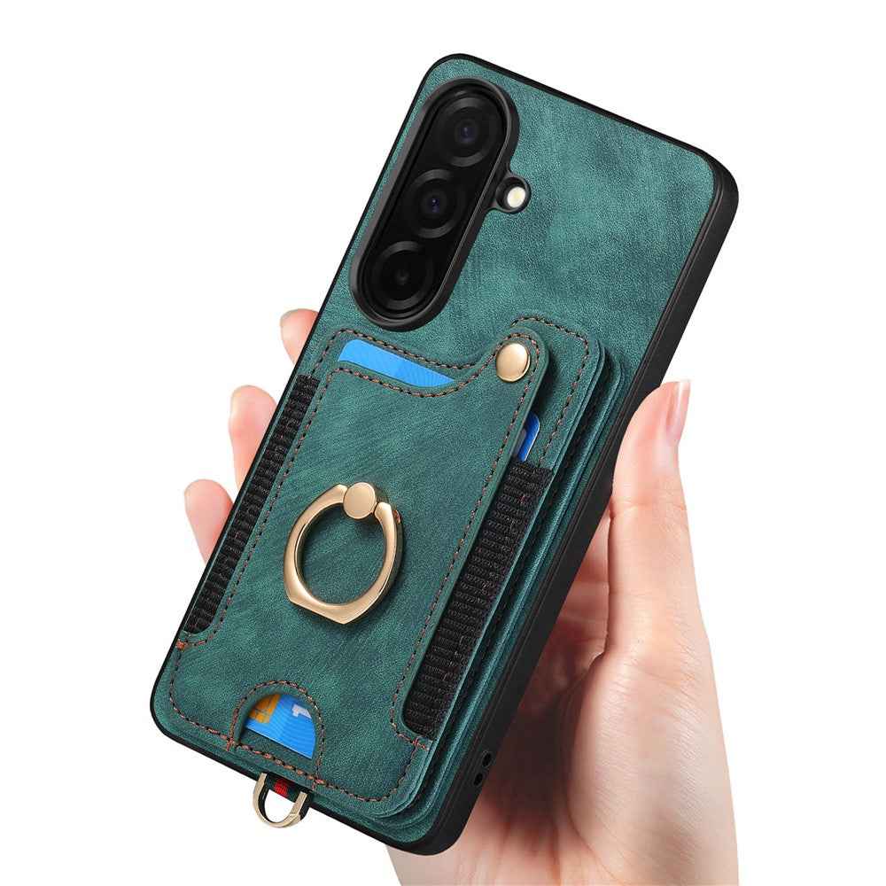 For Samsung Galaxy A57 5G Retro PU Leather Case Phone Cover with RFID Blocking Card Holder  /  Ring Holder - Green