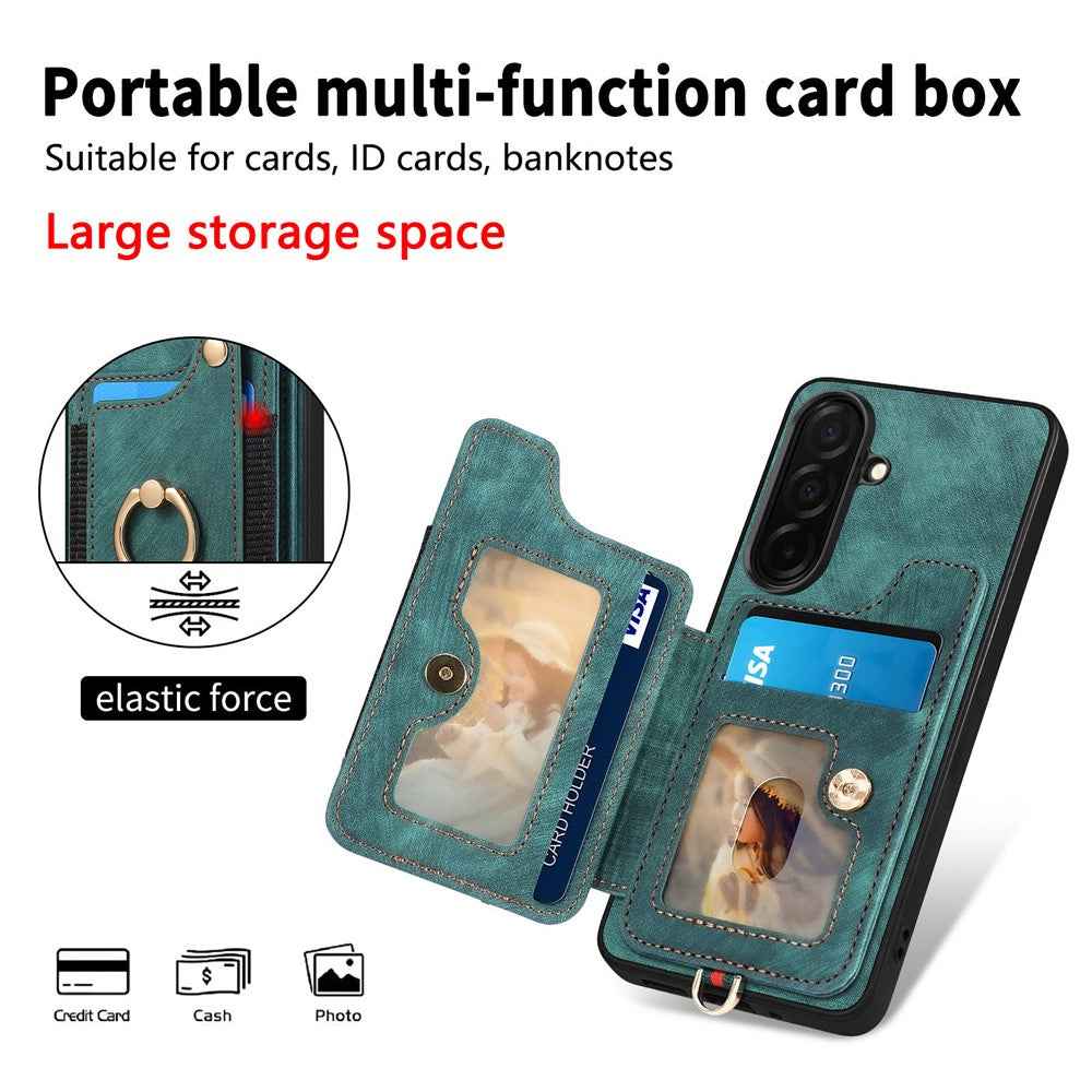 For Samsung Galaxy A57 5G Retro PU Leather Case Phone Cover with RFID Blocking Card Holder  /  Ring Holder - Green