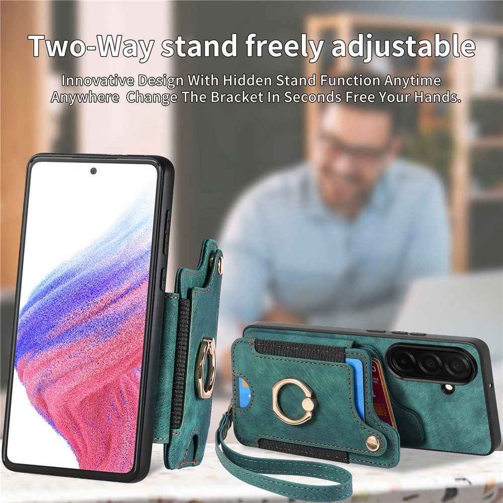 For Samsung Galaxy A57 5G Retro PU Leather Case Phone Cover with RFID Blocking Card Holder  /  Ring Holder - Green