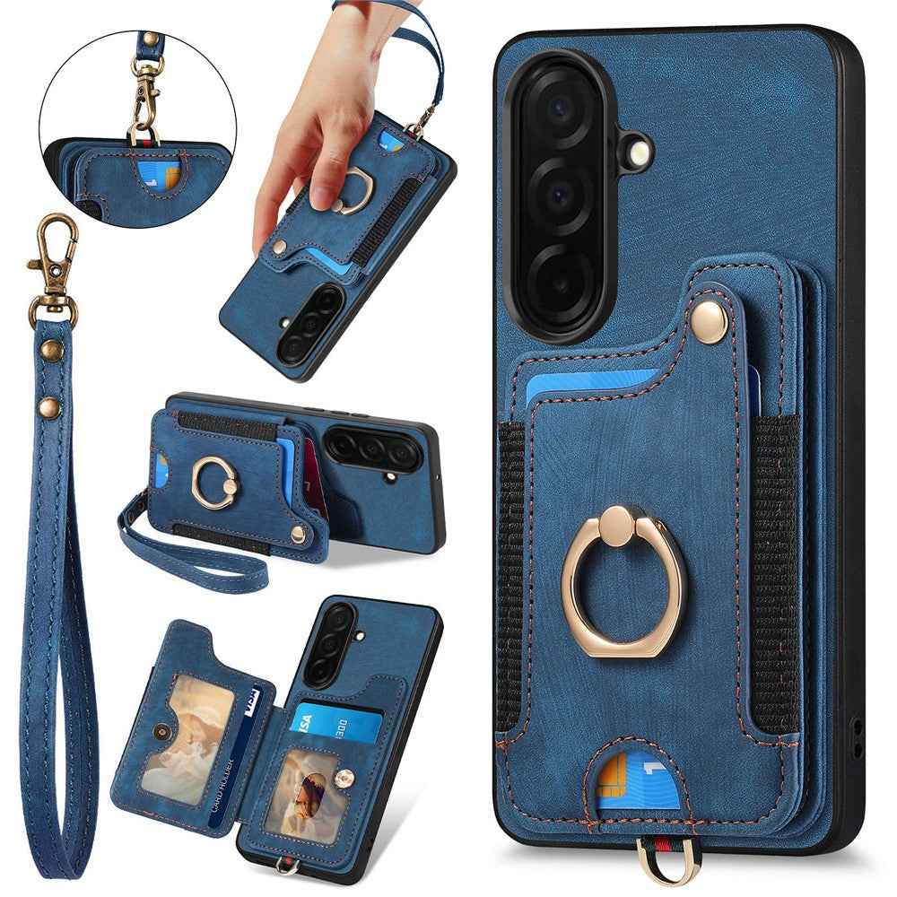 For Samsung Galaxy A57 5G Retro PU Leather Case Phone Cover with RFID Blocking Card Holder  /  Ring Holder - Blue