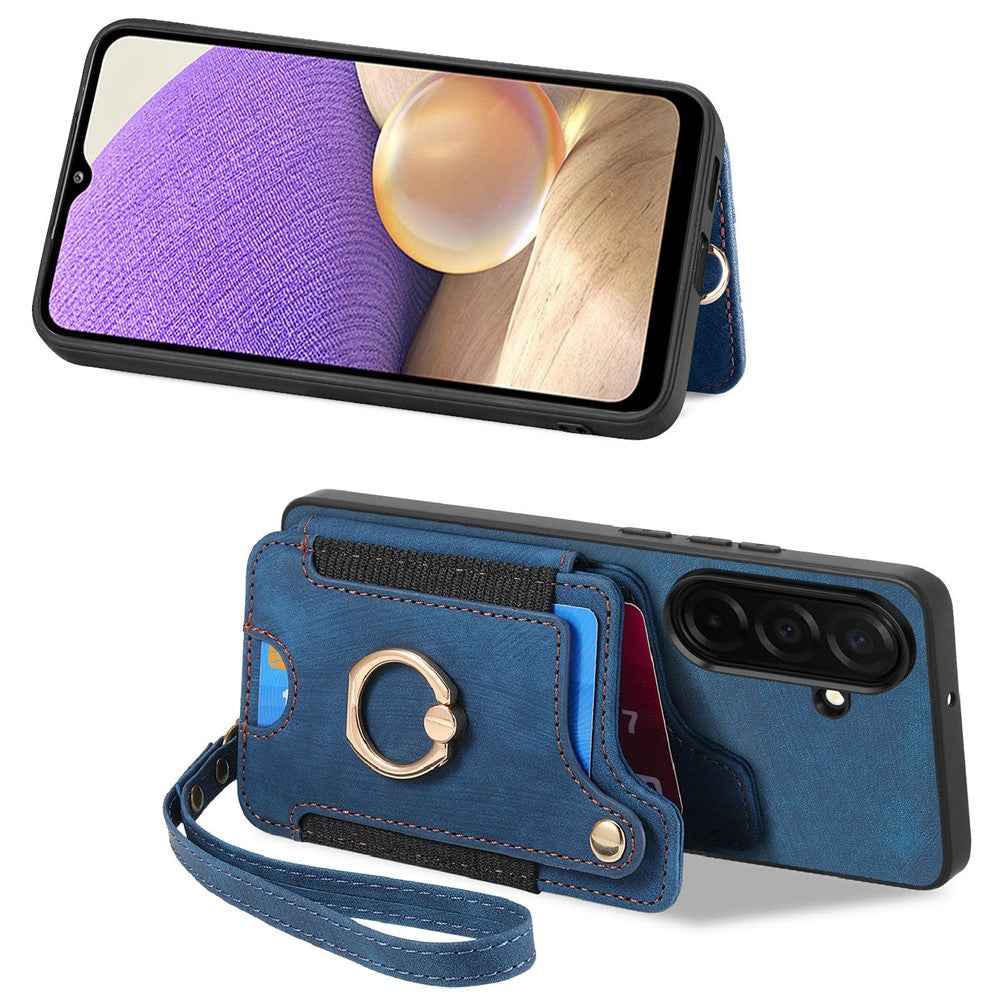 For Samsung Galaxy A57 5G Retro PU Leather Case Phone Cover with RFID Blocking Card Holder  /  Ring Holder - Blue