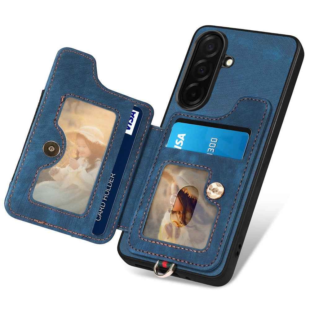 For Samsung Galaxy A57 5G Retro PU Leather Case Phone Cover with RFID Blocking Card Holder  /  Ring Holder - Blue