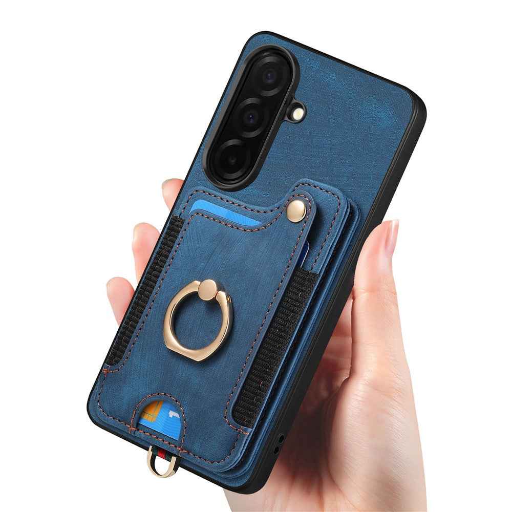 For Samsung Galaxy A57 5G Retro PU Leather Case Phone Cover with RFID Blocking Card Holder  /  Ring Holder - Blue