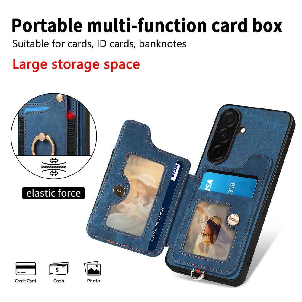 For Samsung Galaxy A57 5G Retro PU Leather Case Phone Cover with RFID Blocking Card Holder  /  Ring Holder - Blue