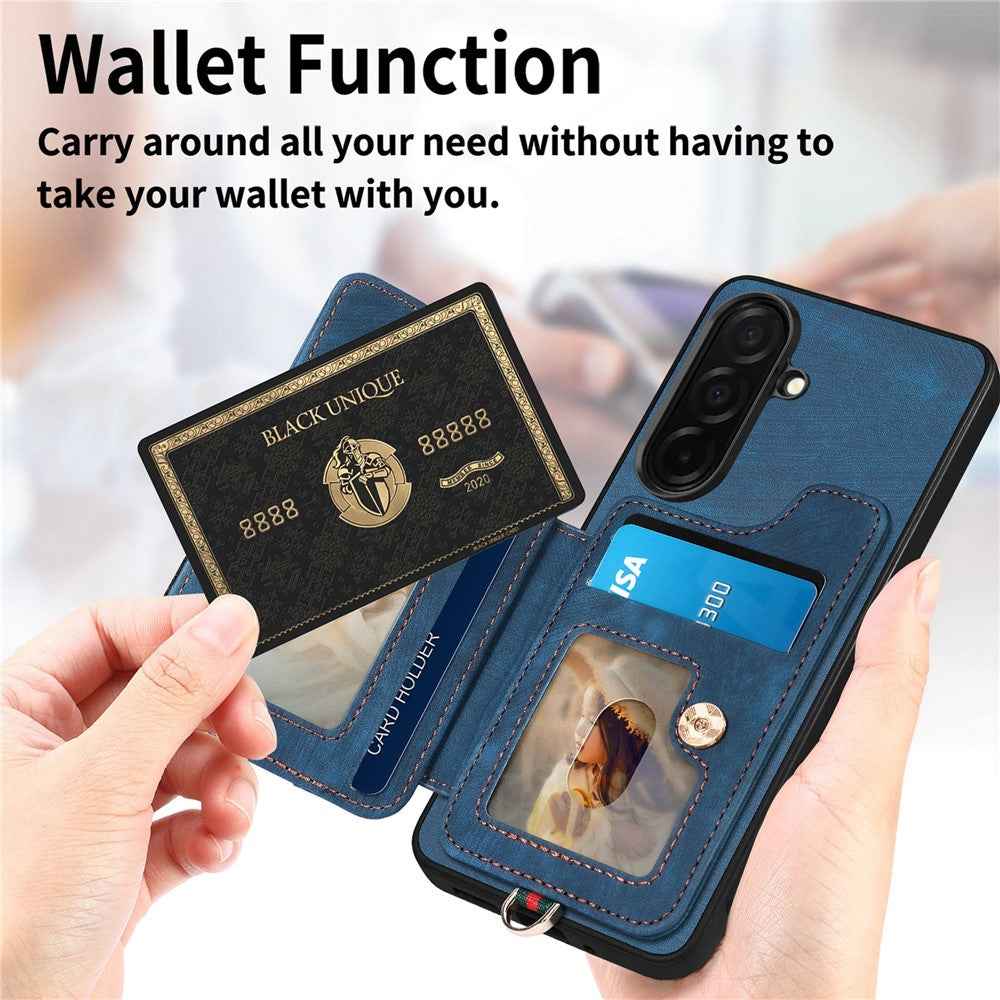 For Samsung Galaxy A57 5G Retro PU Leather Case Phone Cover with RFID Blocking Card Holder  /  Ring Holder - Blue