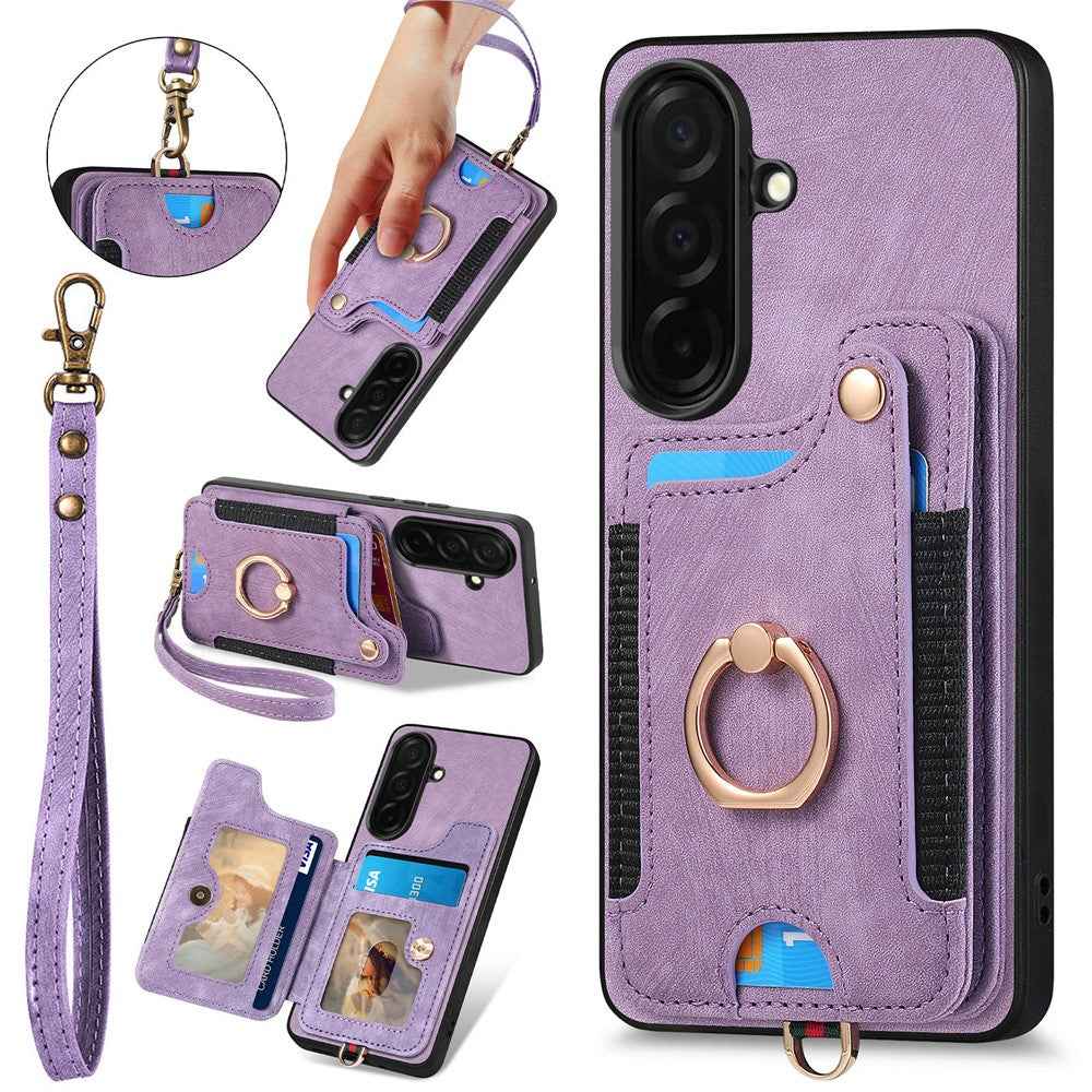 For Samsung Galaxy A57 5G Retro PU Leather Case Phone Cover with RFID Blocking Card Holder  /  Ring Holder - Purple