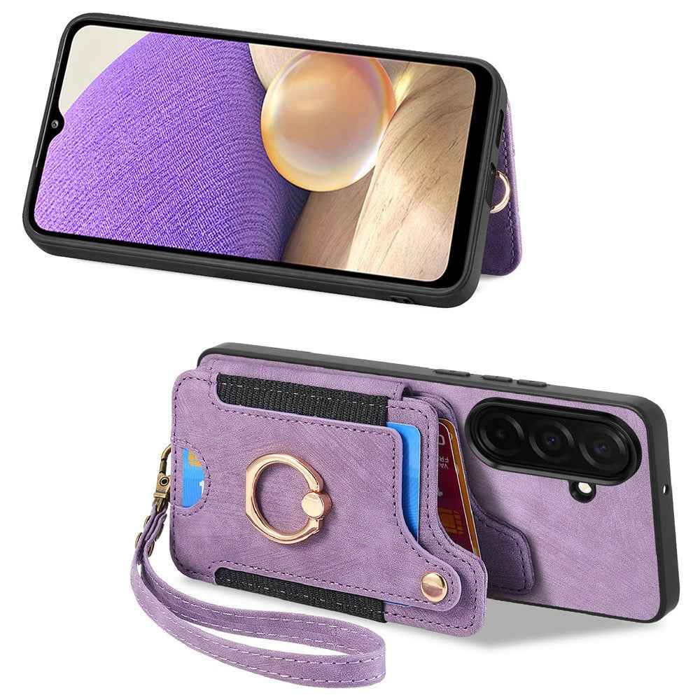 For Samsung Galaxy A57 5G Retro PU Leather Case Phone Cover with RFID Blocking Card Holder  /  Ring Holder - Purple