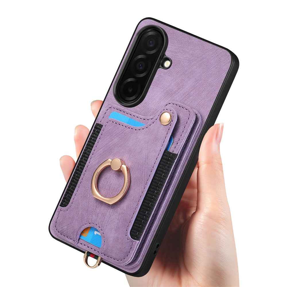 For Samsung Galaxy A57 5G Retro PU Leather Case Phone Cover with RFID Blocking Card Holder  /  Ring Holder - Purple