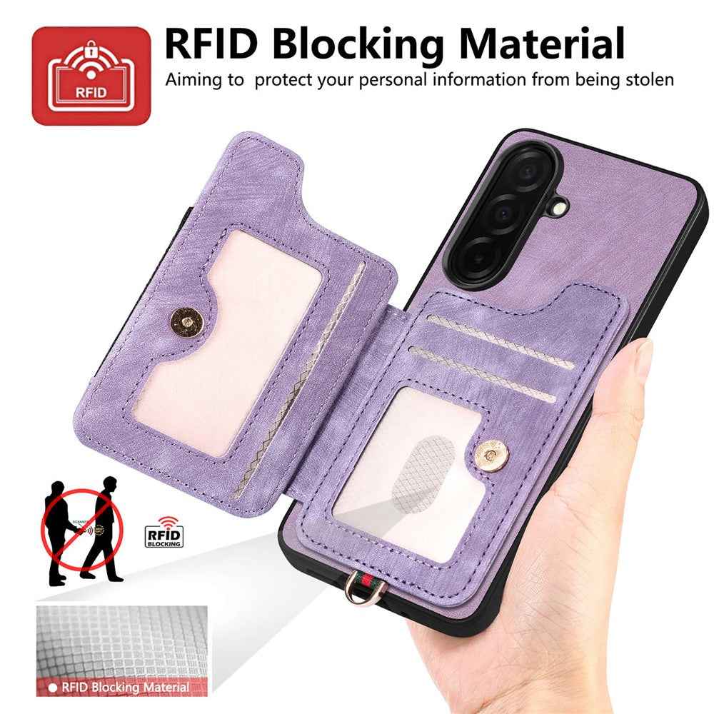 For Samsung Galaxy A57 5G Retro PU Leather Case Phone Cover with RFID Blocking Card Holder  /  Ring Holder - Purple