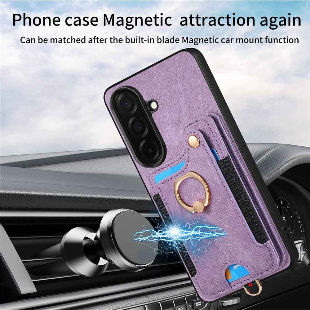 For Samsung Galaxy A57 5G Retro PU Leather Case Phone Cover with RFID Blocking Card Holder  /  Ring Holder - Purple