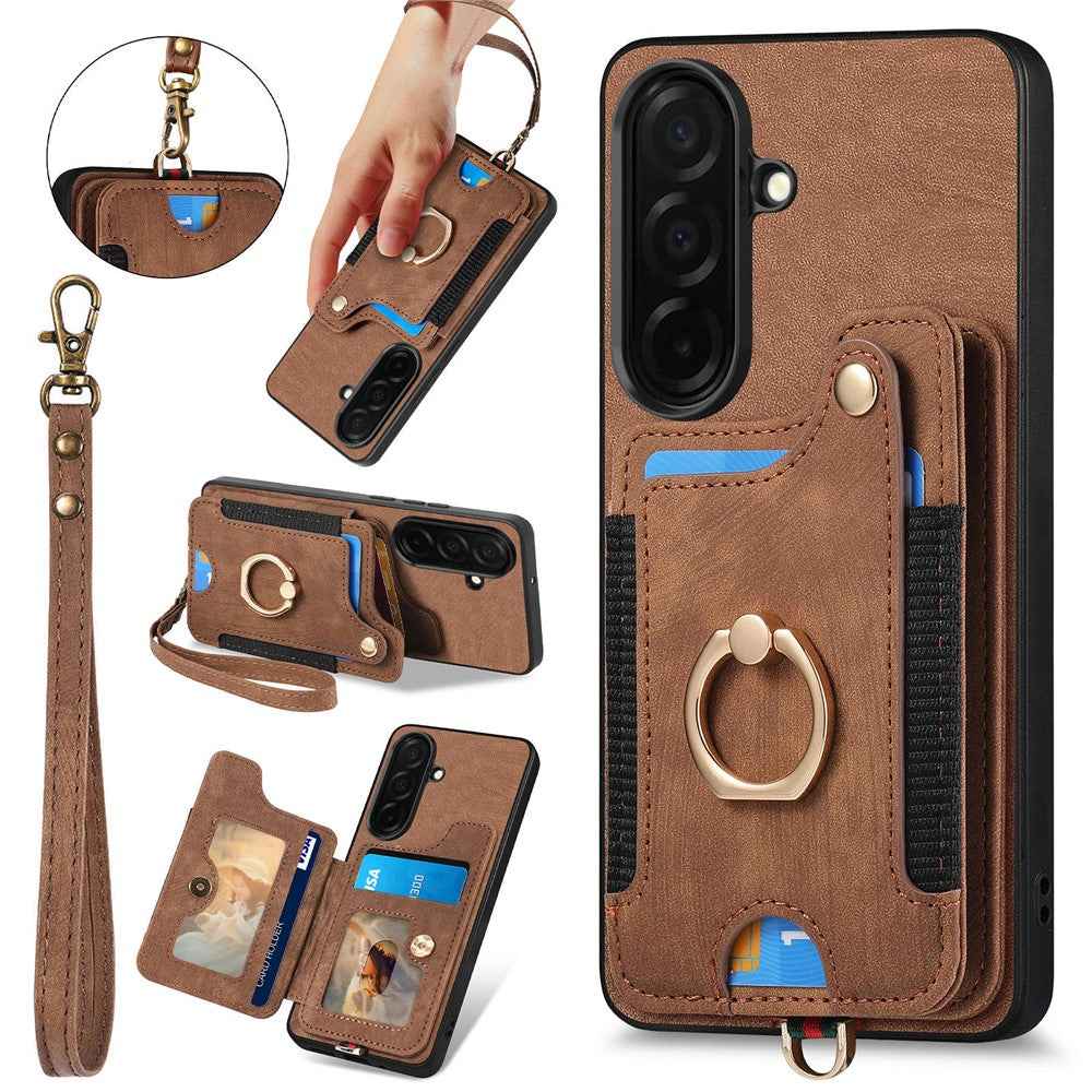 For Samsung Galaxy A57 5G Retro PU Leather Case Phone Cover with RFID Blocking Card Holder  /  Ring Holder - Brown