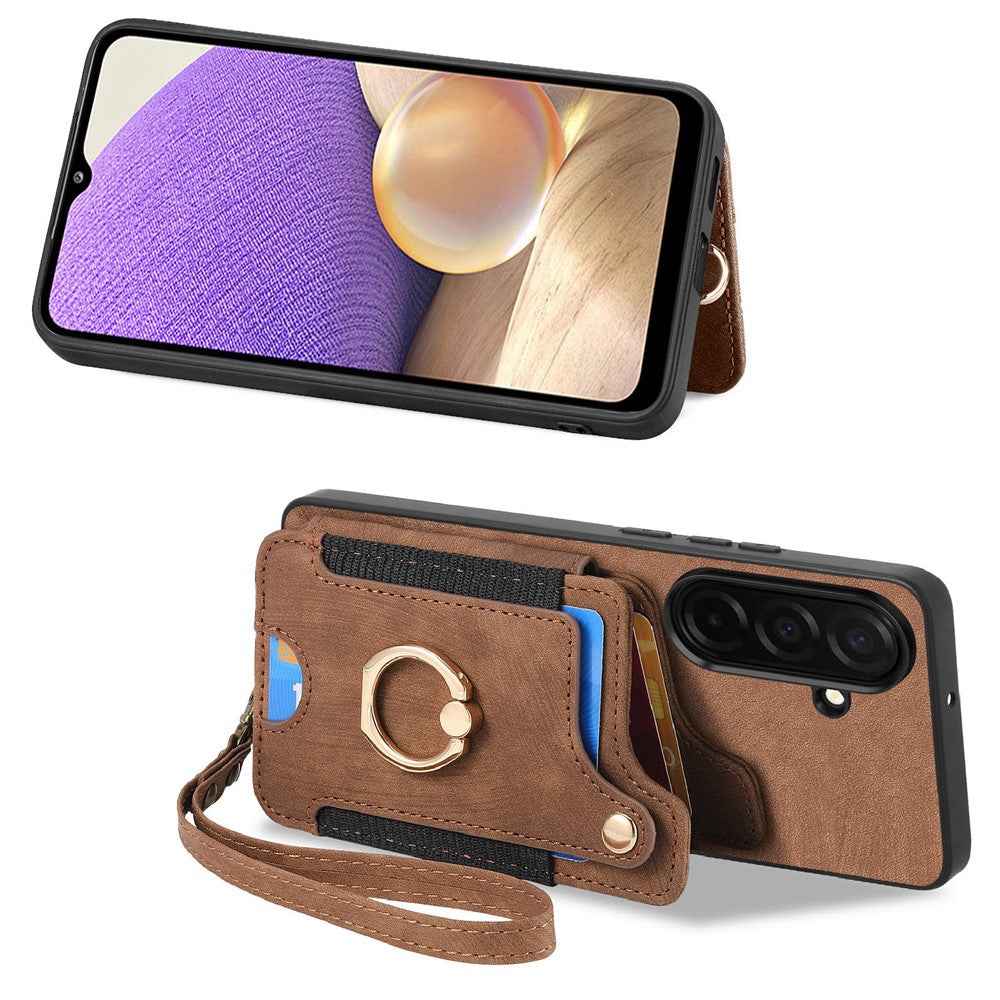 For Samsung Galaxy A57 5G Retro PU Leather Case Phone Cover with RFID Blocking Card Holder  /  Ring Holder - Brown
