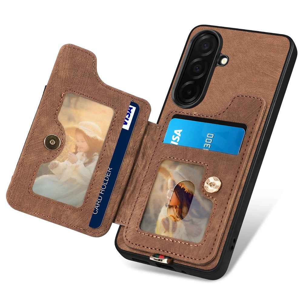 For Samsung Galaxy A57 5G Retro PU Leather Case Phone Cover with RFID Blocking Card Holder  /  Ring Holder - Brown