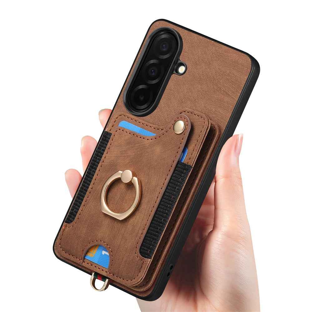 For Samsung Galaxy A57 5G Retro PU Leather Case Phone Cover with RFID Blocking Card Holder  /  Ring Holder - Brown