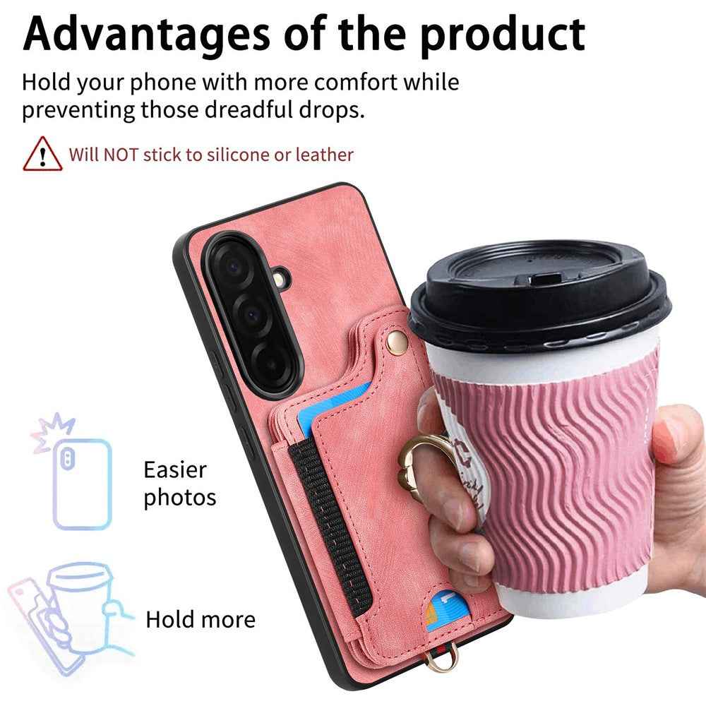 For Samsung Galaxy A57 5G Retro PU Leather Case Phone Cover with RFID Blocking Card Holder  /  Ring Holder - Brown