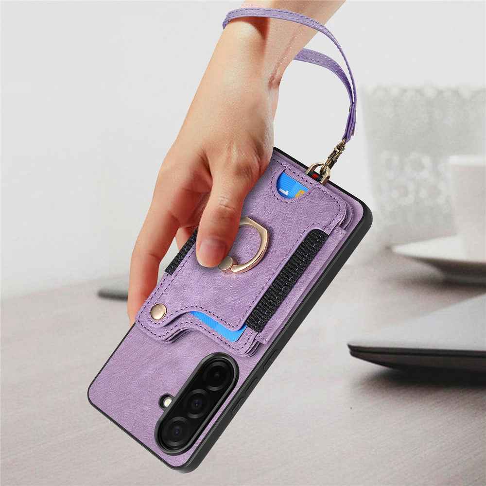 For Samsung Galaxy A57 5G Retro PU Leather Case Phone Cover with RFID Blocking Card Holder  /  Ring Holder - Brown
