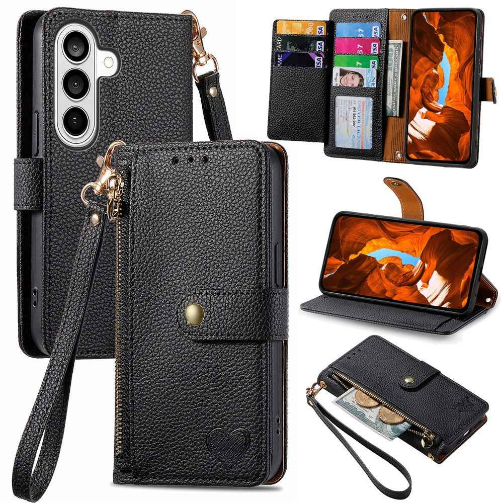 For Samsung Galaxy A57 5G Case RFID Blocking Zipper Pocket Leather Wallet Phone Cover with Strap - Black