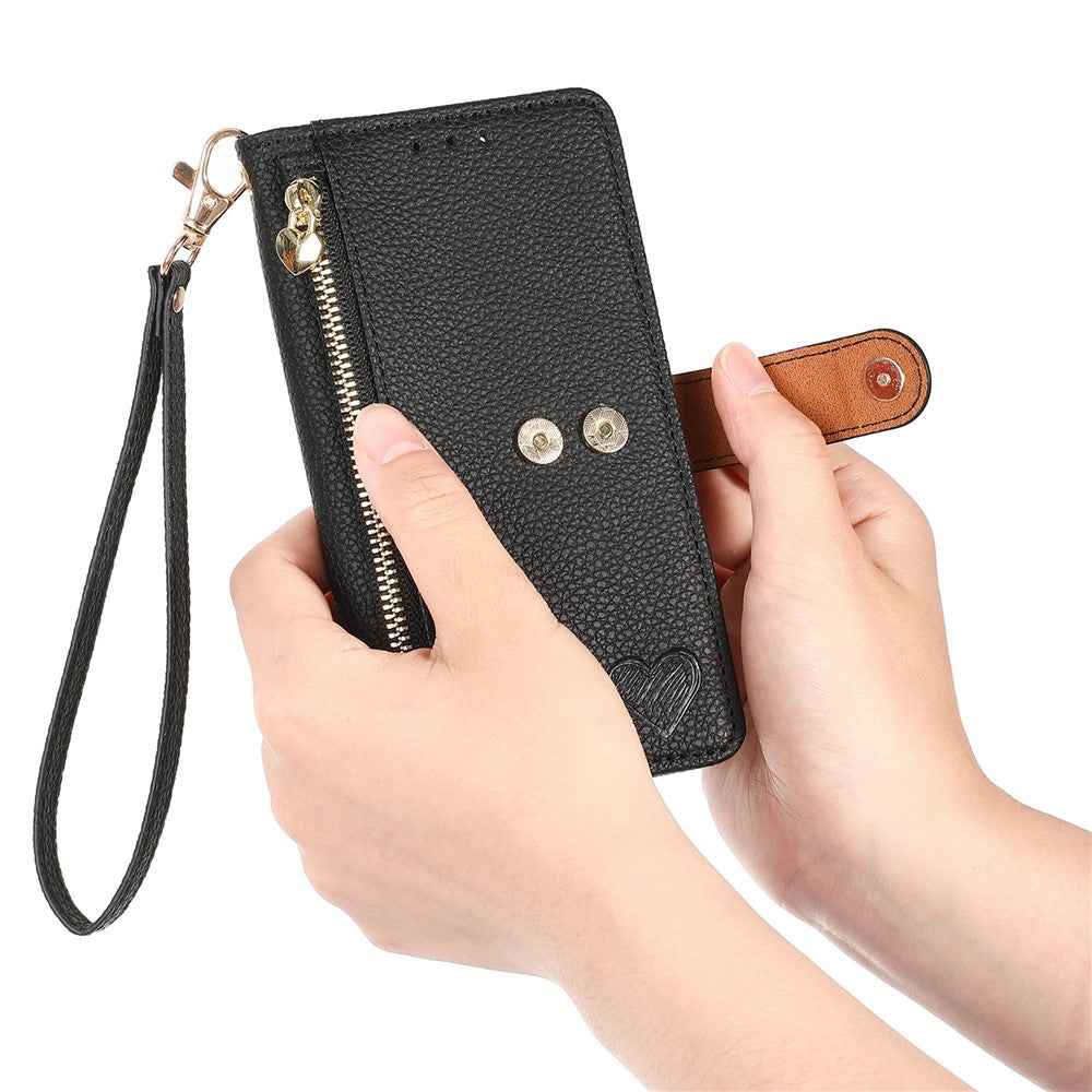 For Samsung Galaxy A57 5G Case RFID Blocking Zipper Pocket Leather Wallet Phone Cover with Strap - Black