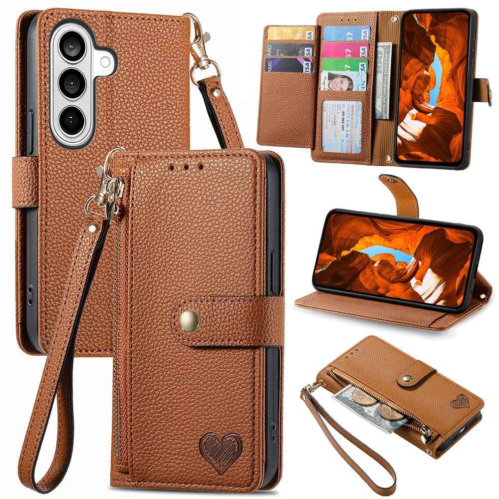 For Samsung Galaxy A57 5G Case RFID Blocking Zipper Pocket Leather Wallet Phone Cover with Strap - Brown