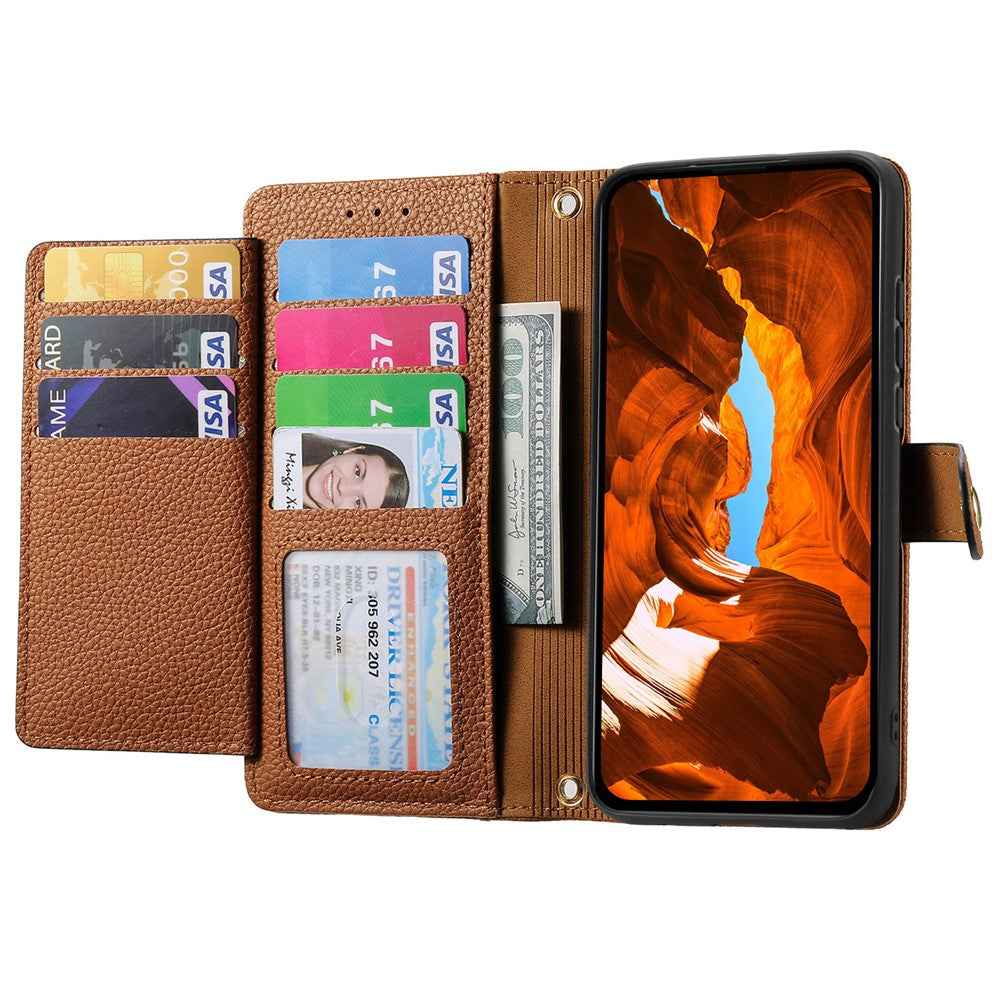 For Samsung Galaxy A57 5G Case RFID Blocking Zipper Pocket Leather Wallet Phone Cover with Strap - Brown
