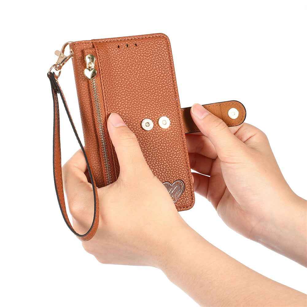 For Samsung Galaxy A57 5G Case RFID Blocking Zipper Pocket Leather Wallet Phone Cover with Strap - Brown