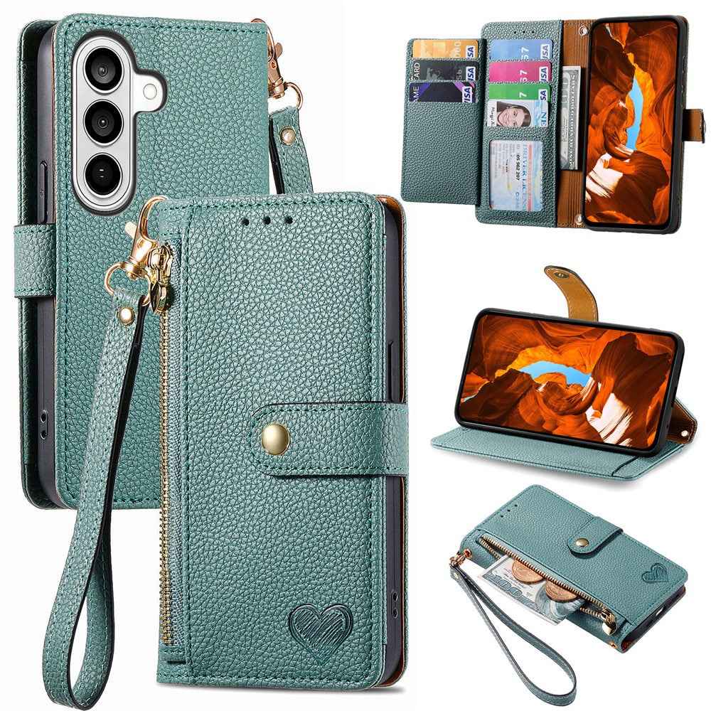 For Samsung Galaxy A57 5G Case RFID Blocking Zipper Pocket Leather Wallet Phone Cover with Strap - Green