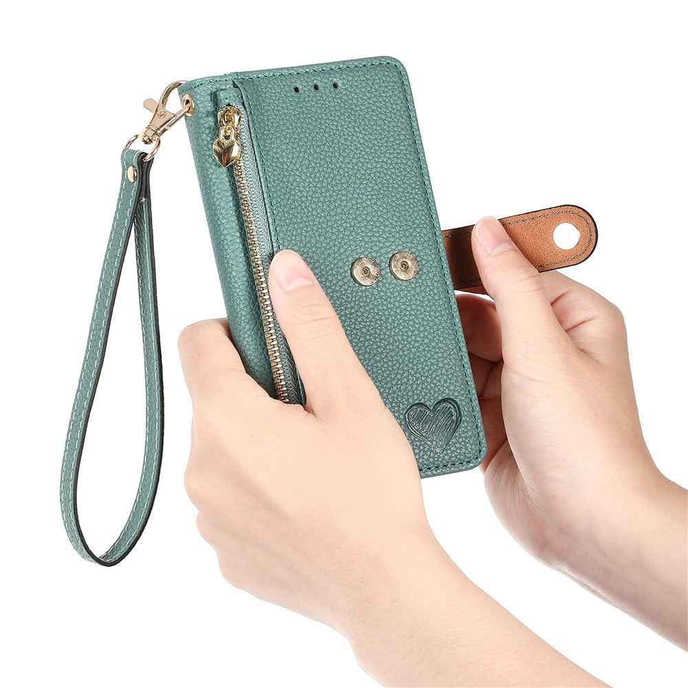 For Samsung Galaxy A57 5G Case RFID Blocking Zipper Pocket Leather Wallet Phone Cover with Strap - Green