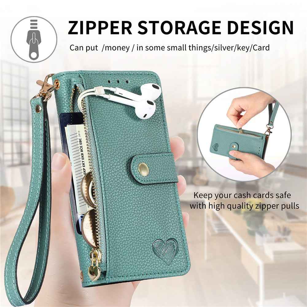 For Samsung Galaxy A57 5G Case RFID Blocking Zipper Pocket Leather Wallet Phone Cover with Strap - Green