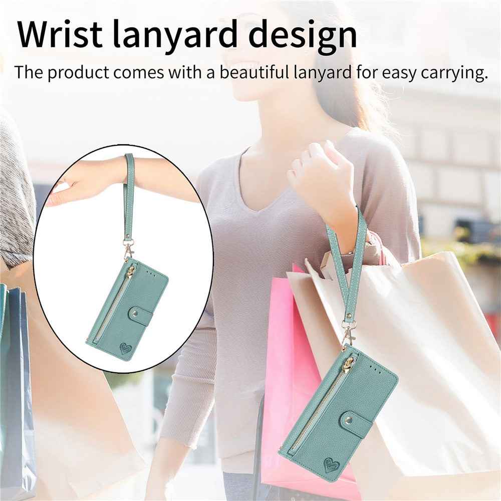 For Samsung Galaxy A57 5G Case RFID Blocking Zipper Pocket Leather Wallet Phone Cover with Strap - Green