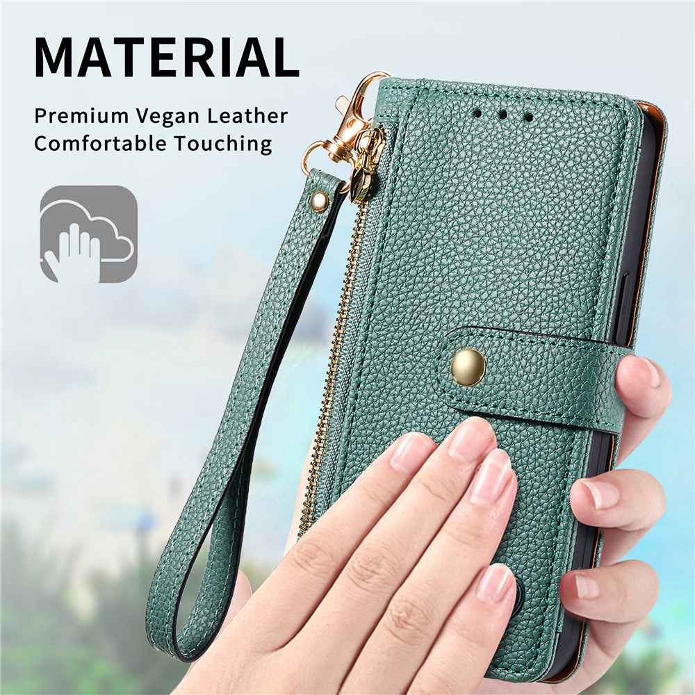 For Samsung Galaxy A57 5G Case RFID Blocking Zipper Pocket Leather Wallet Phone Cover with Strap - Green
