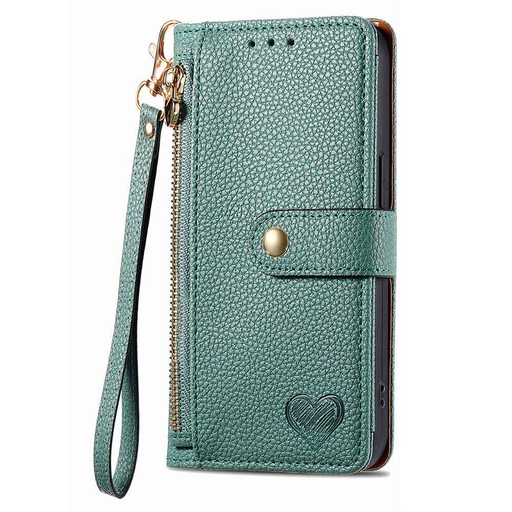 For Samsung Galaxy A57 5G Case RFID Blocking Zipper Pocket Leather Wallet Phone Cover with Strap - Green