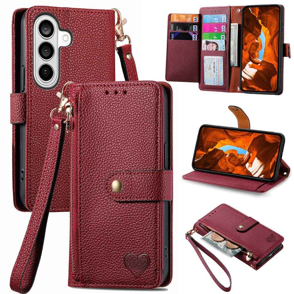 For Samsung Galaxy A57 5G Case RFID Blocking Zipper Pocket Leather Wallet Phone Cover with Strap - Red