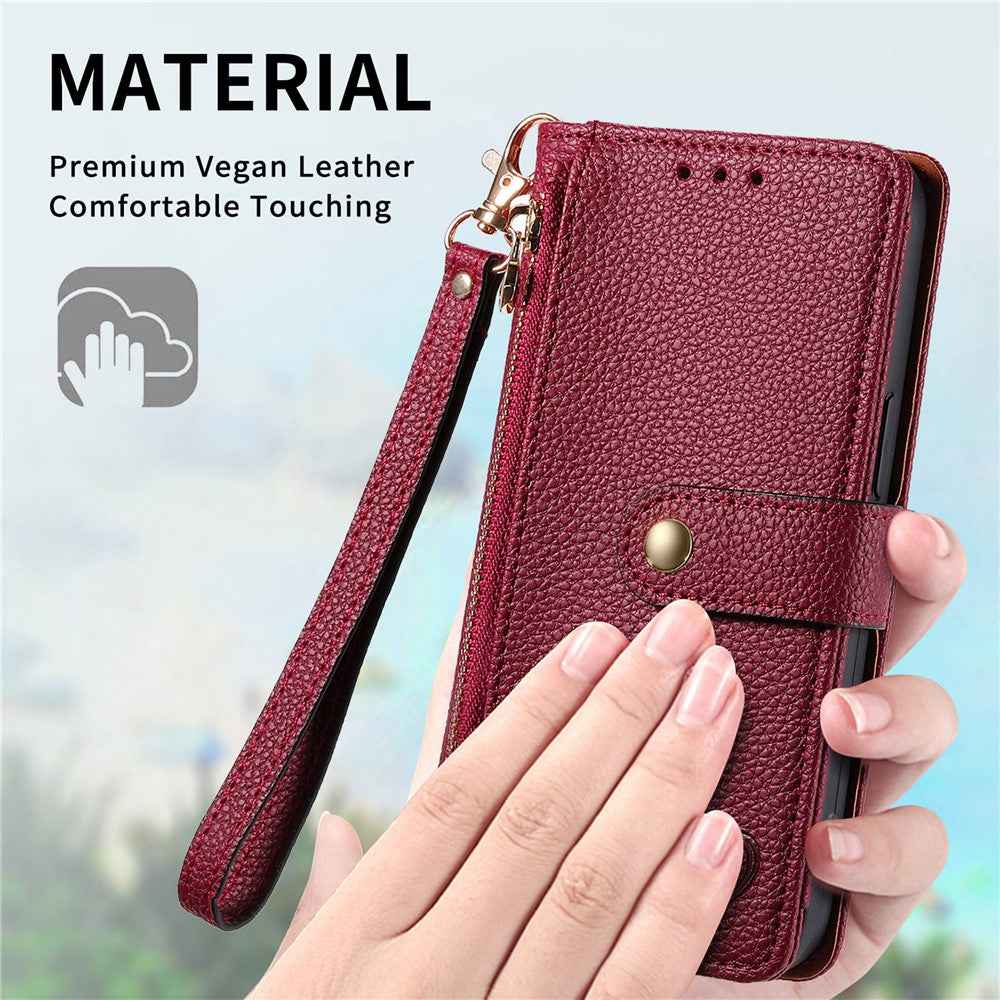 For Samsung Galaxy A57 5G Case RFID Blocking Zipper Pocket Leather Wallet Phone Cover with Strap - Red