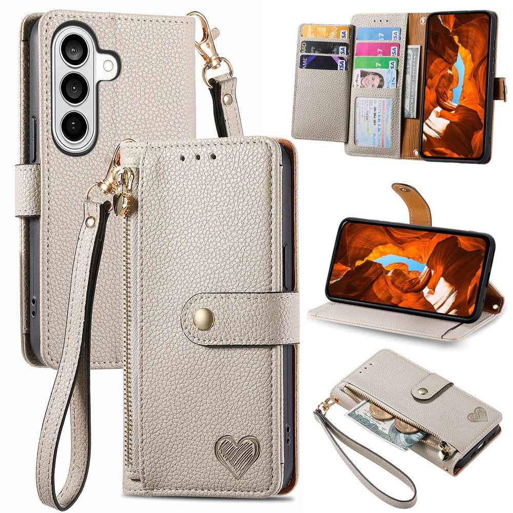 For Samsung Galaxy A57 5G Case RFID Blocking Zipper Pocket Leather Wallet Phone Cover with Strap - Beige