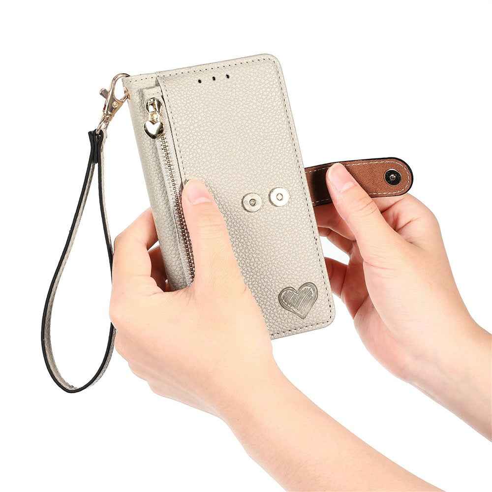 For Samsung Galaxy A57 5G Case RFID Blocking Zipper Pocket Leather Wallet Phone Cover with Strap - Beige