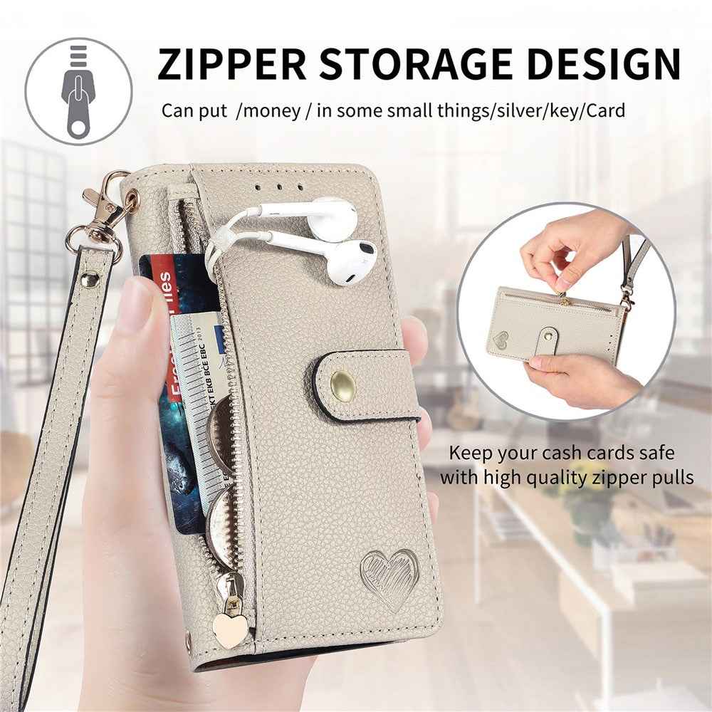 For Samsung Galaxy A57 5G Case RFID Blocking Zipper Pocket Leather Wallet Phone Cover with Strap - Beige