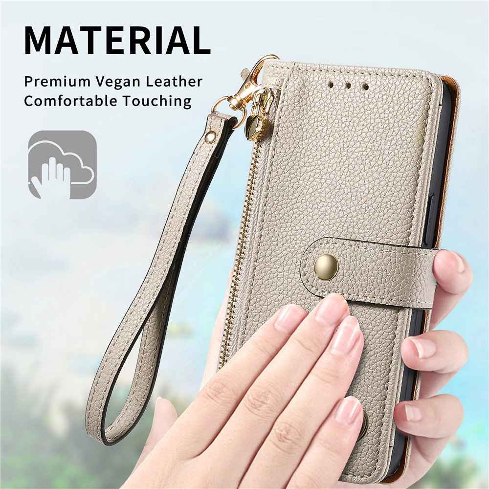 For Samsung Galaxy A57 5G Case RFID Blocking Zipper Pocket Leather Wallet Phone Cover with Strap - Beige