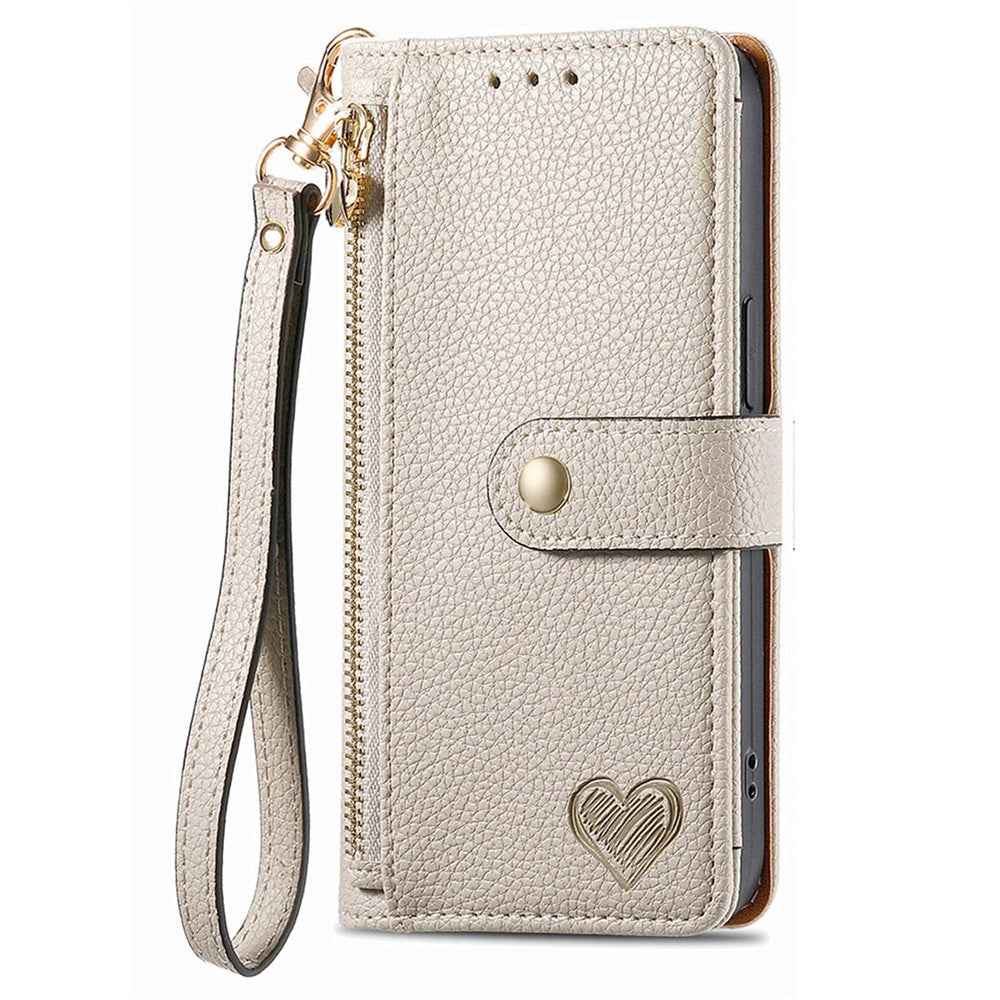 For Samsung Galaxy A57 5G Case RFID Blocking Zipper Pocket Leather Wallet Phone Cover with Strap - Beige