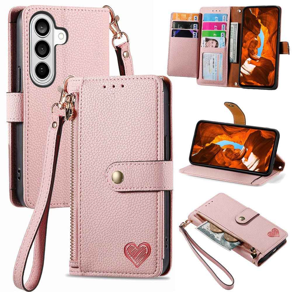 For Samsung Galaxy A57 5G Case RFID Blocking Zipper Pocket Leather Wallet Phone Cover with Strap - Pink