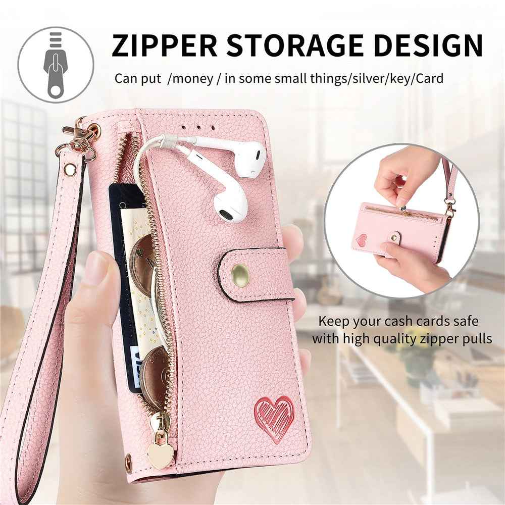 For Samsung Galaxy A57 5G Case RFID Blocking Zipper Pocket Leather Wallet Phone Cover with Strap - Pink