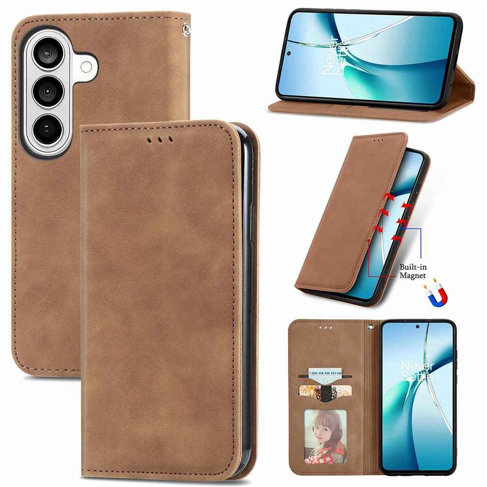 For Samsung Galaxy A57 5G Leather Case with Card Holder Magnetic Absorption Phone Cover - Brown